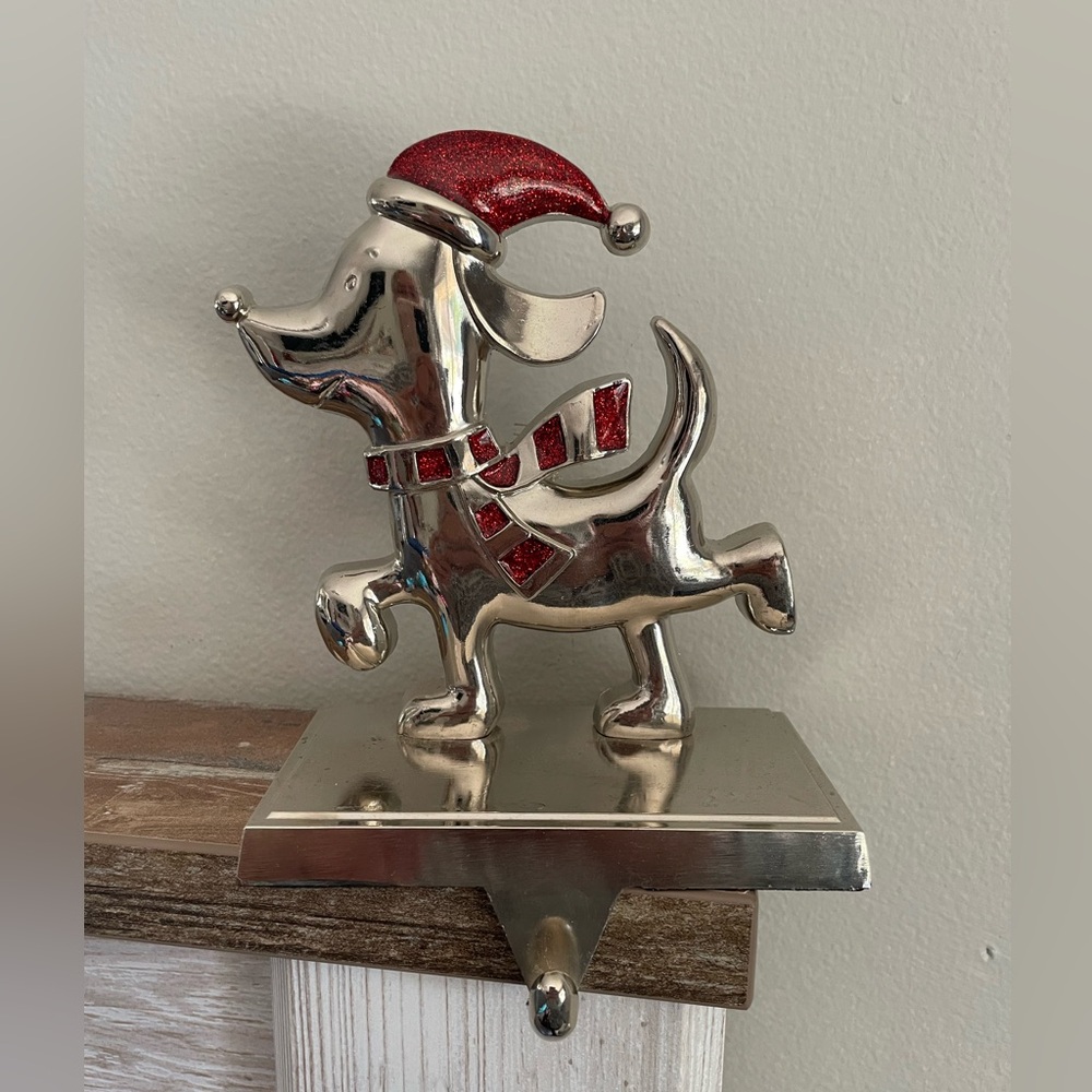 Christmas Dog with Scarf Stocking Holder Silver Red
